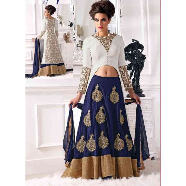 White and Blue WEDDING WEAR GEORGETTE & NET LONG ANARKALI SUIT