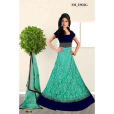 Teal Blue WEDDING WEAR Resham Work Net Designer Anarkali Suit