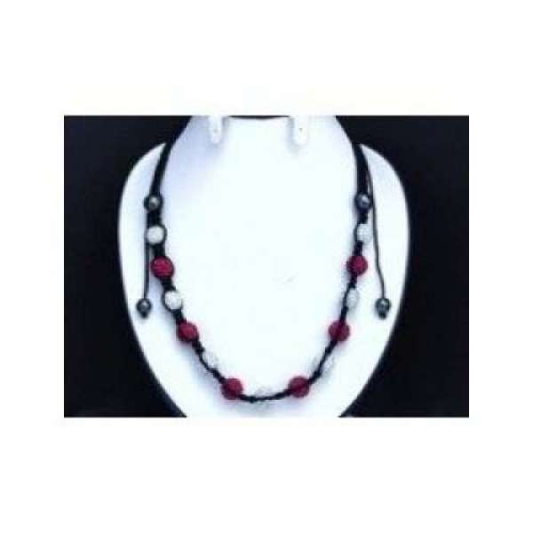 FUSCHIA AND WHITE THREADED CRYSTAL BALLS NECKLACE