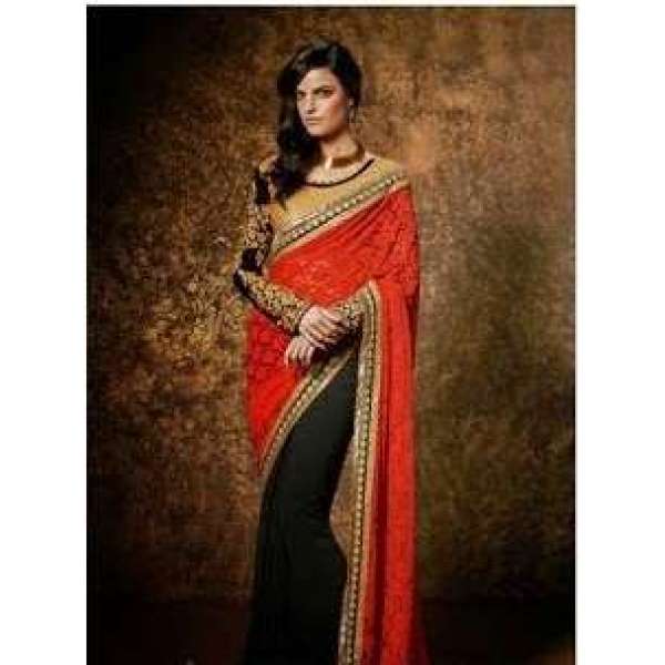 Golden, Black and Red KHAWAB WEDDING WEAR SAREE 