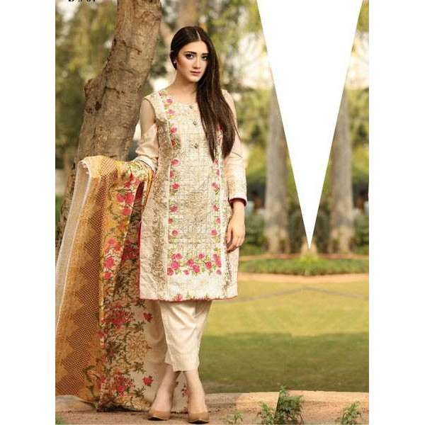 ZEA-D01 ESHA AISHA D01 PEACH BEIGE UNSTITCHED PAKISTANI POLY WOOL SHAWL SUIT