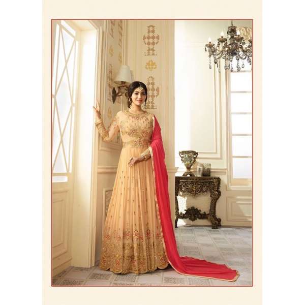 9013 PEACH GLOSSY SIMAR HEAVY EMBROIDERED AYESHA TAKAI ANARKALI STYLE GOWN