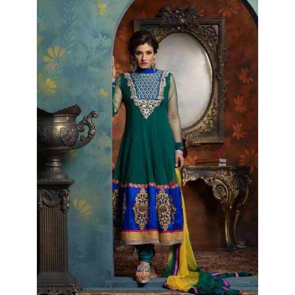 5006 DARK GREEN RAVEENA TANDON NET SUIT WITH DUPPATTA AND BOTTOM