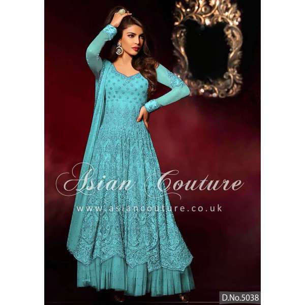 HR5038-D LIGHT BLUE HEROINE PRIYANKA CHOPRA ANARKALI STYLE DRESS