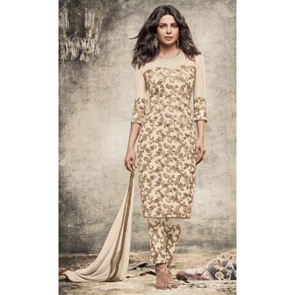 5153-G BEIGE HEROINE STARDIVA PRIYANKA CHOPRA GEORGETTE STRAIGHT CUT SEMI STITCHED SUIT