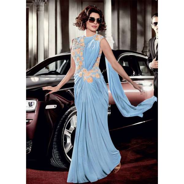 ZHR5120B BLUE PRIYANKA CHOPRA LYCRA SAREE STYLE GOWN