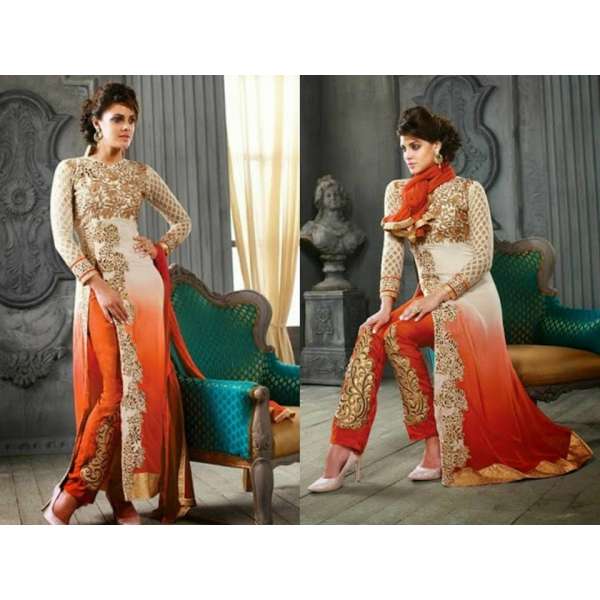 5001-H WHITE AND ORANGE KESARI ARYAA GEORGETTE PARTY WEAR SUIT