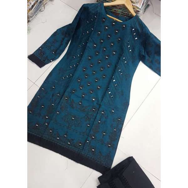 Teal Linen Mirror Work Pakistani Designer Readymade Kurti