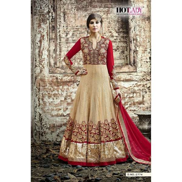 Beige Red Long Dress Hot Lady Designer Gown Anarkali