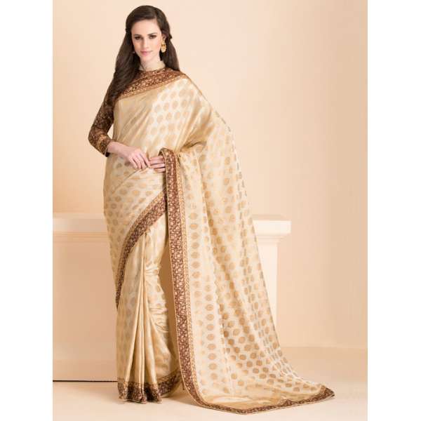 ZACS-17 SUBTLE BEIGE SAREE WITH A JACKET STYLE FULL SLEEVES BLOUSE (READY MADE)