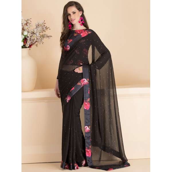 ACS-13 BLACK FLORAL EMBELLISHED SAREE WITH READY STITCHED BLOUSE