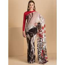 ACS-01 BROWN ABSTRACT PRINTED SEMI STITCHED SAREE