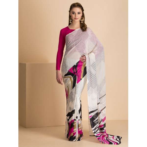 CREAM AND PINK SUMMER ABSTRACT PRINTED SEMI STITCHED SAREE