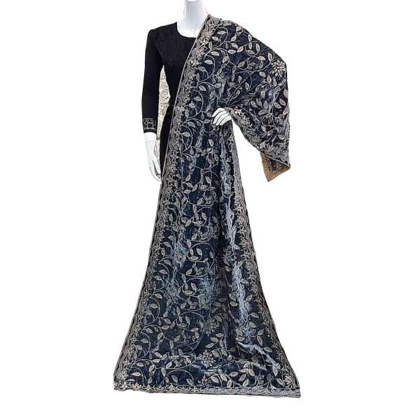 Grey Motif Embroidered Velvet Shawl