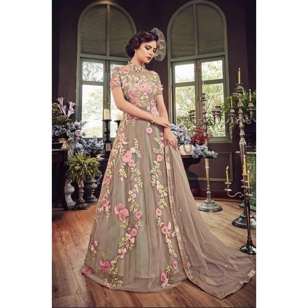 GREY HEAVY EMBROIDERED INDIAN WEDDING & EVENING GOWN 