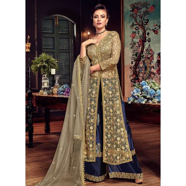 BEIGE AND BLUE HEAVY EMBROIDERED INDIAN WEDDING PALAZZO DRESS