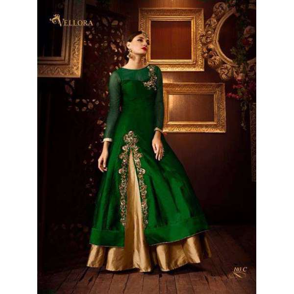 Gold Green Silk Top Wedding Lengha Dress Suit 