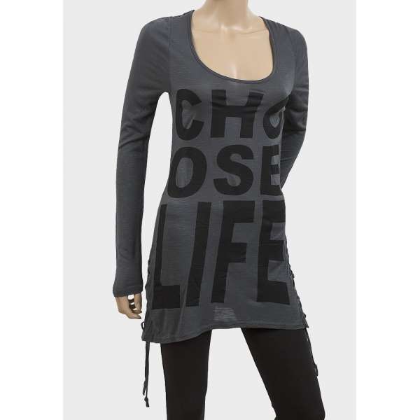 Gunmetal Grey Designer Ladies Slogan Long Top